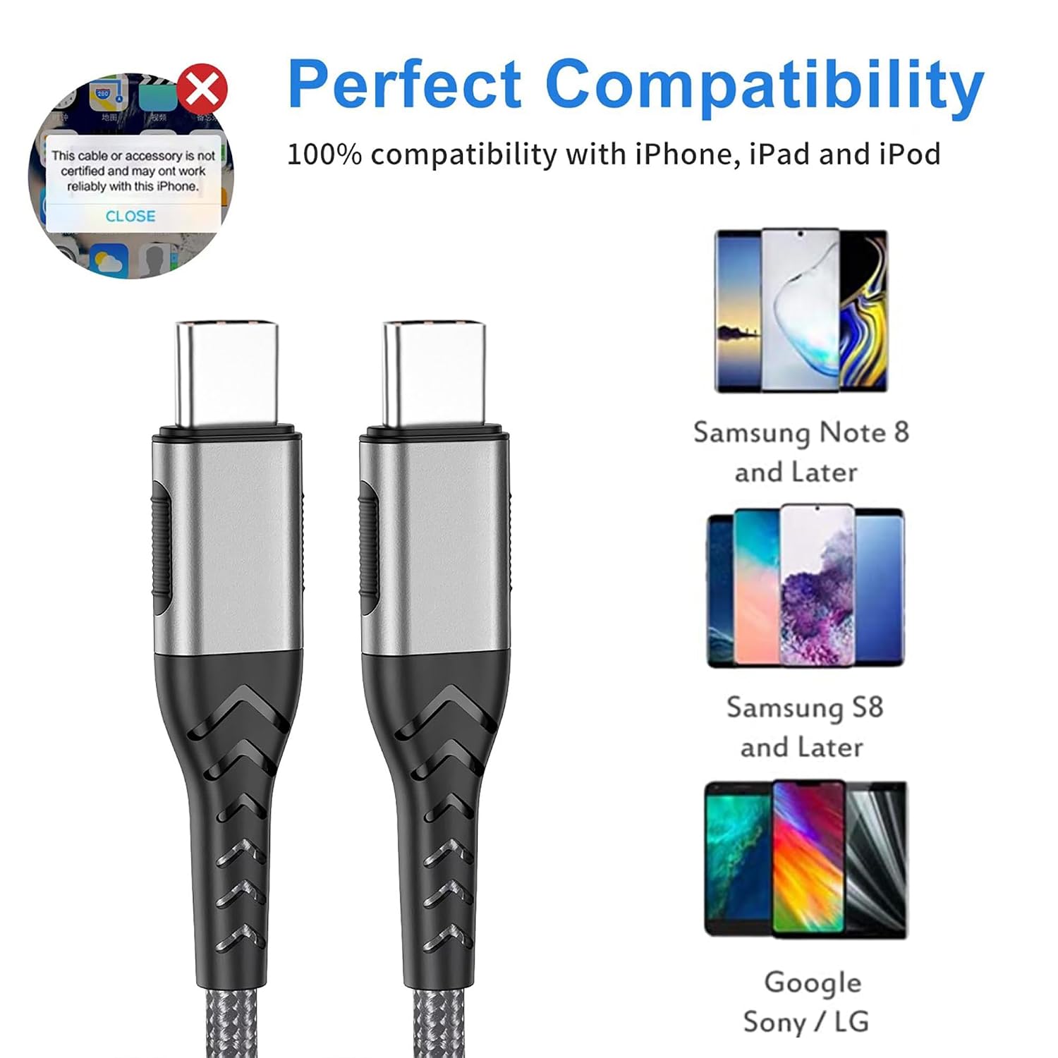 Durcord 2Pack 10ft USB C Charger Cable - 100W Fast Charging for Android\/Phone\/Pad, Type C to Type C Compatible with iPhone 17\/16\/15 Pro Plus Max Silver - Image 5