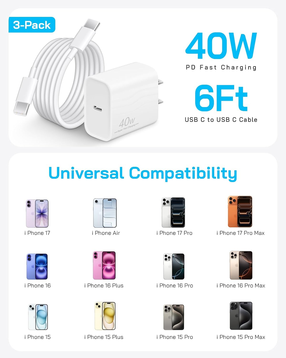 iPhone 17 16 15 Pro Charger Fast Charging, 40W USB-C iPhone Fast Charger Block with 6 FT Type C to C Charging Cable Cord for iPhone 17 Pro Max/17 Pro/17/16/16 Pro Max/16 Pro/15/15 Pro Max(3-Packs) - Image 7