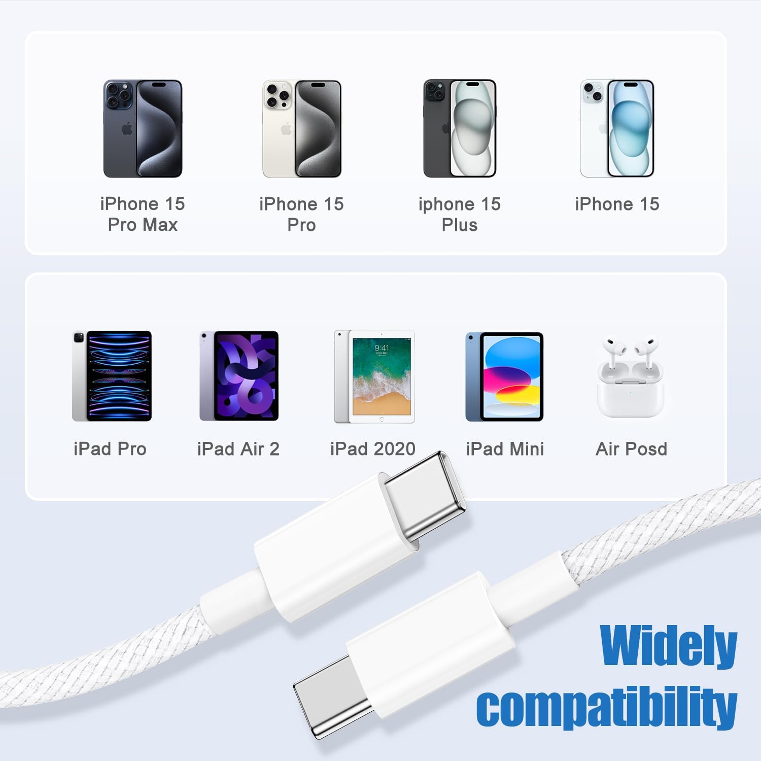 USB C to C Charging Cable 10ft, 60W Fast Type C to C Charger Cord Long for Apple iPhone 17 Pro Max\/17 Air\/16 Pro Max\/15 Plus, MacBook Pro 2021\/2020\/2019,iPad 12.9\/11 inch\/Mini\/Air 5\/4,Samsung Galaxy - Image 6