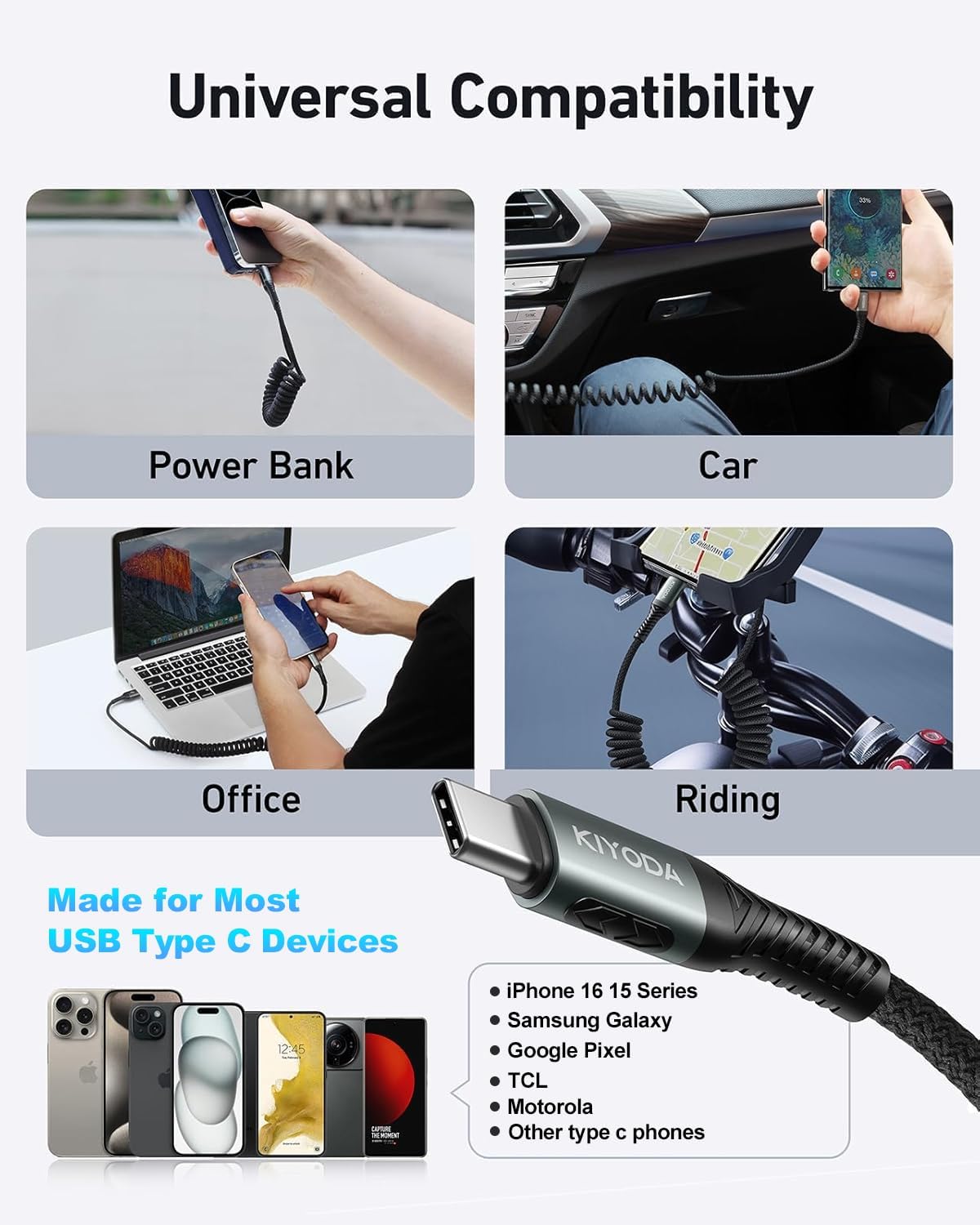 USB C to USB C Cable Coiled 3FT 2Pack, Braided Type C Charger for Car-Black | 66W Fast Charging Cord Compatible with iPhone 17 16 15, iPad, Sam sung Galaxy, Google Pixel, Moto, TCL Phones - Image 8